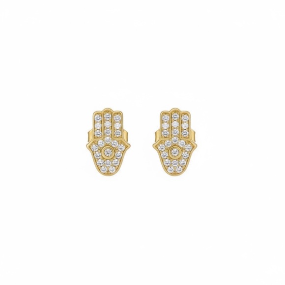new Pave Cubic Zirconia Hamsa Stud Earrings ❃ 14KT Gold Plated Sterling Silver ❃ - Picture 13 of 16